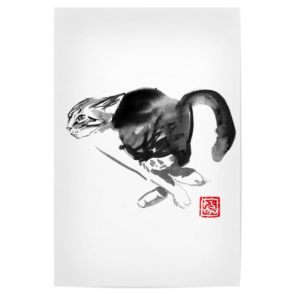 Poster 30x20 cm "Running cat" artboxONE - Tiere,Schwarzweiß - Cat,Neko,Chat,Katze,Sumie,Japan