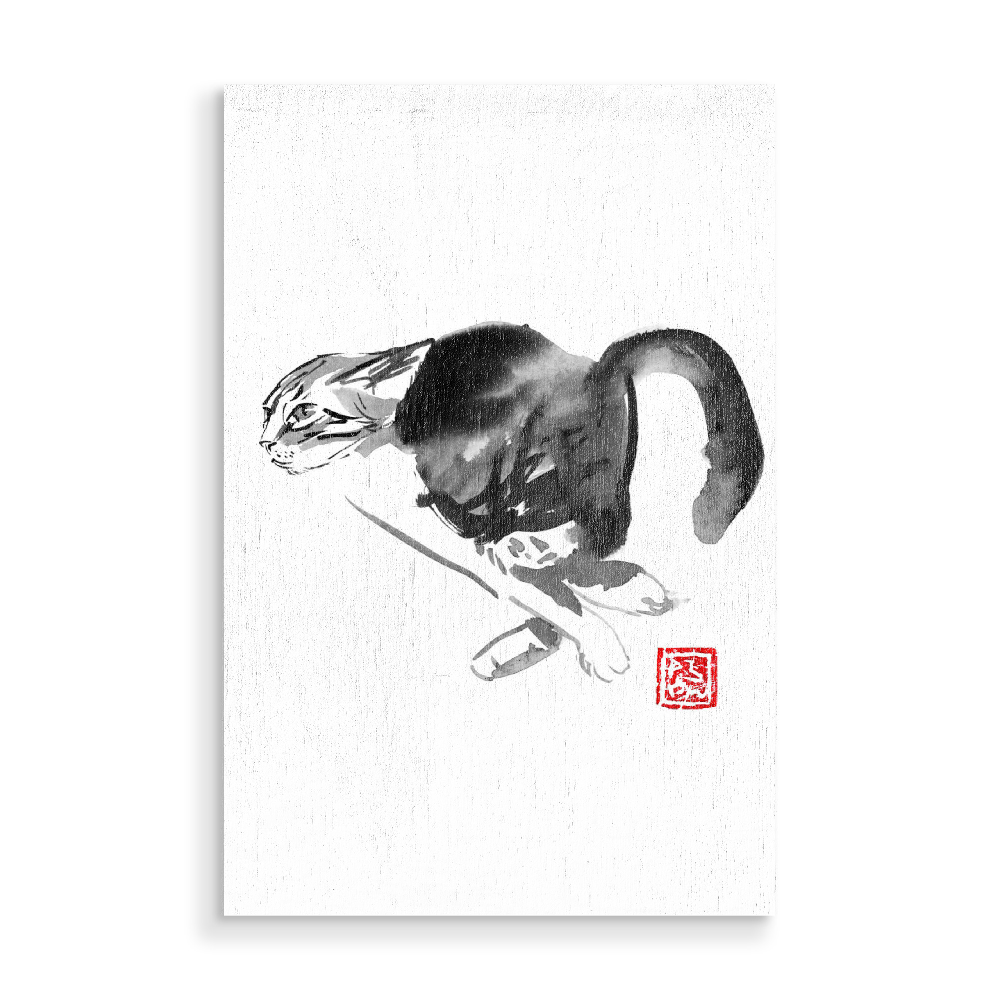 Holzbild "Running cat" artboxONE - Tiere,Schwarzweiß - Cat,Neko,Chat,Katze,Sumie,Japan