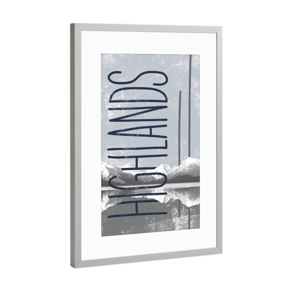 Poster mit Rahmen Silber "Highlands" artboxONE - Typografie,Reise - Mountain,Ridge,Scandinavian,Nature,Minimal,Grey,Lettering,Typography,Serenity