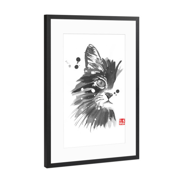 Poster mit Rahmen Schwarz (Metallic) "Half cat" artboxONE - Tiere,Schwarzweiß - Cat,Chat,Katze,Neko,Sumie,Japan