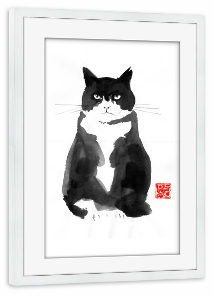 Poster mit Rahmen weiß "Grumpy sitted cat" artboxONE - Tiere,Schwarzweiß - Cat,Chat,Katze,Neko,Sumie,Japan