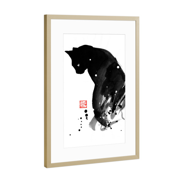 Poster mit Rahmen Gold "Spots cat" artboxONE - Tiere,Schwarzweiß - Cat,Katze,Chat,Neko,Sumie