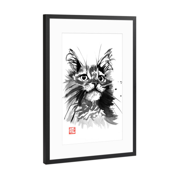 Poster mit Rahmen Schwarz (Metallic) "Staring cat" artboxONE - Tiere,Schwarzweiß - Cat,Katze,Neko,Chat,Sumie,Japan