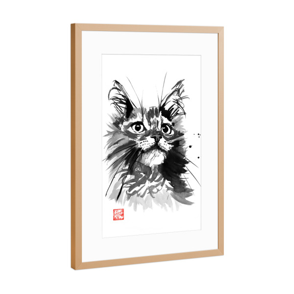 Poster mit Rahmen Kupfer "Staring cat" artboxONE - Tiere,Schwarzweiß - Cat,Katze,Neko,Chat,Sumie,Japan