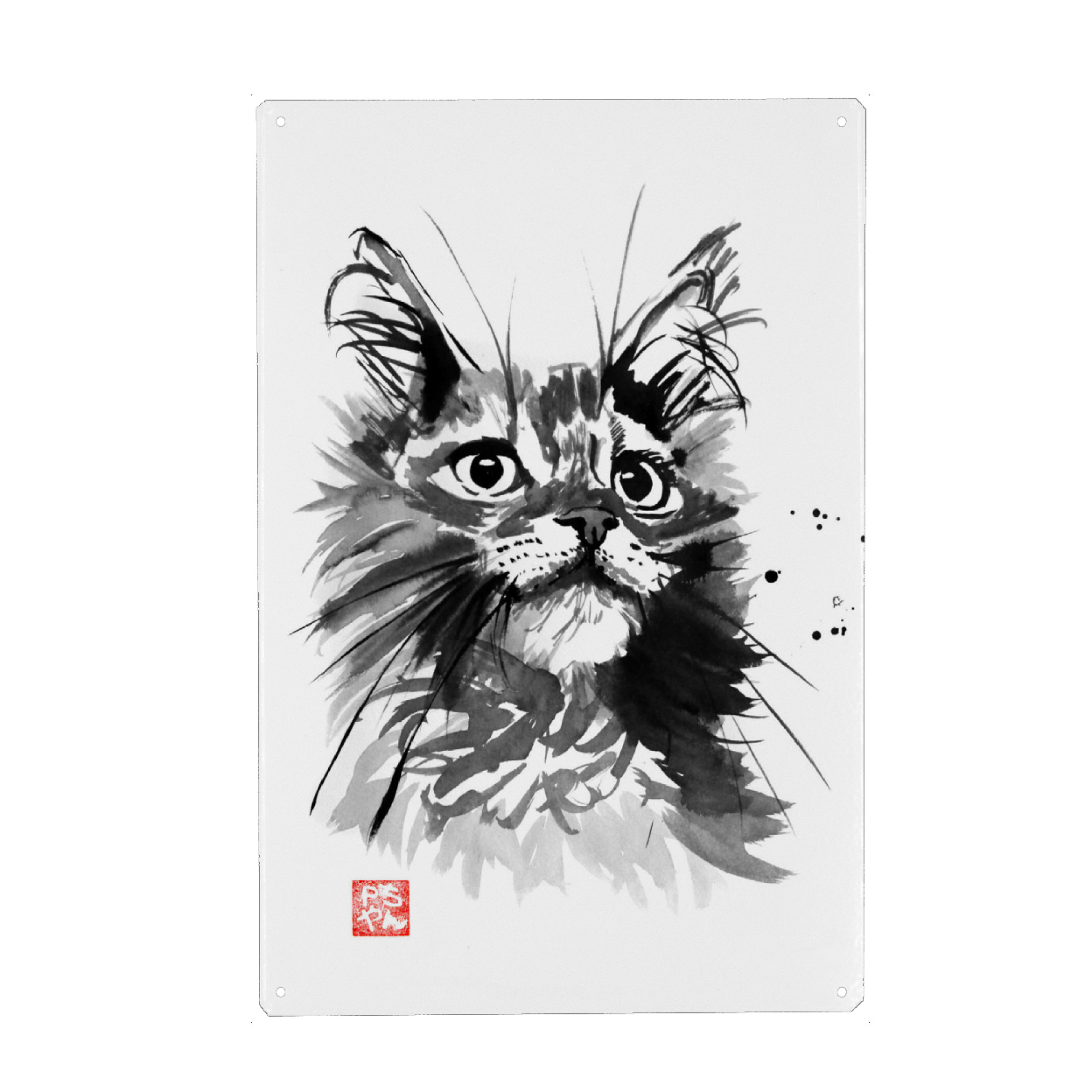 Holzbild "Staring cat" artboxONE - Tiere,Schwarzweiß - Cat,Katze,Neko,Chat,Sumie,Japan