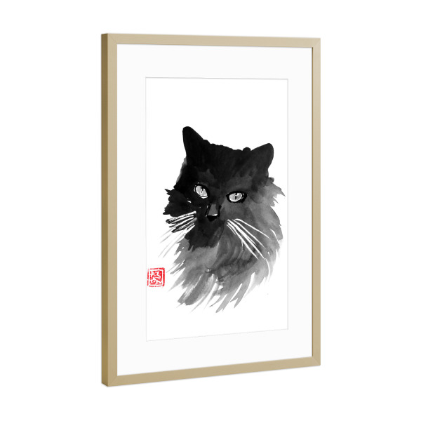 Poster mit Rahmen Gold "Fury cat" artboxONE - Tiere,Schwarzweiß - Cat,Fur,Sumie,Neko,Katze,Chat,Japan