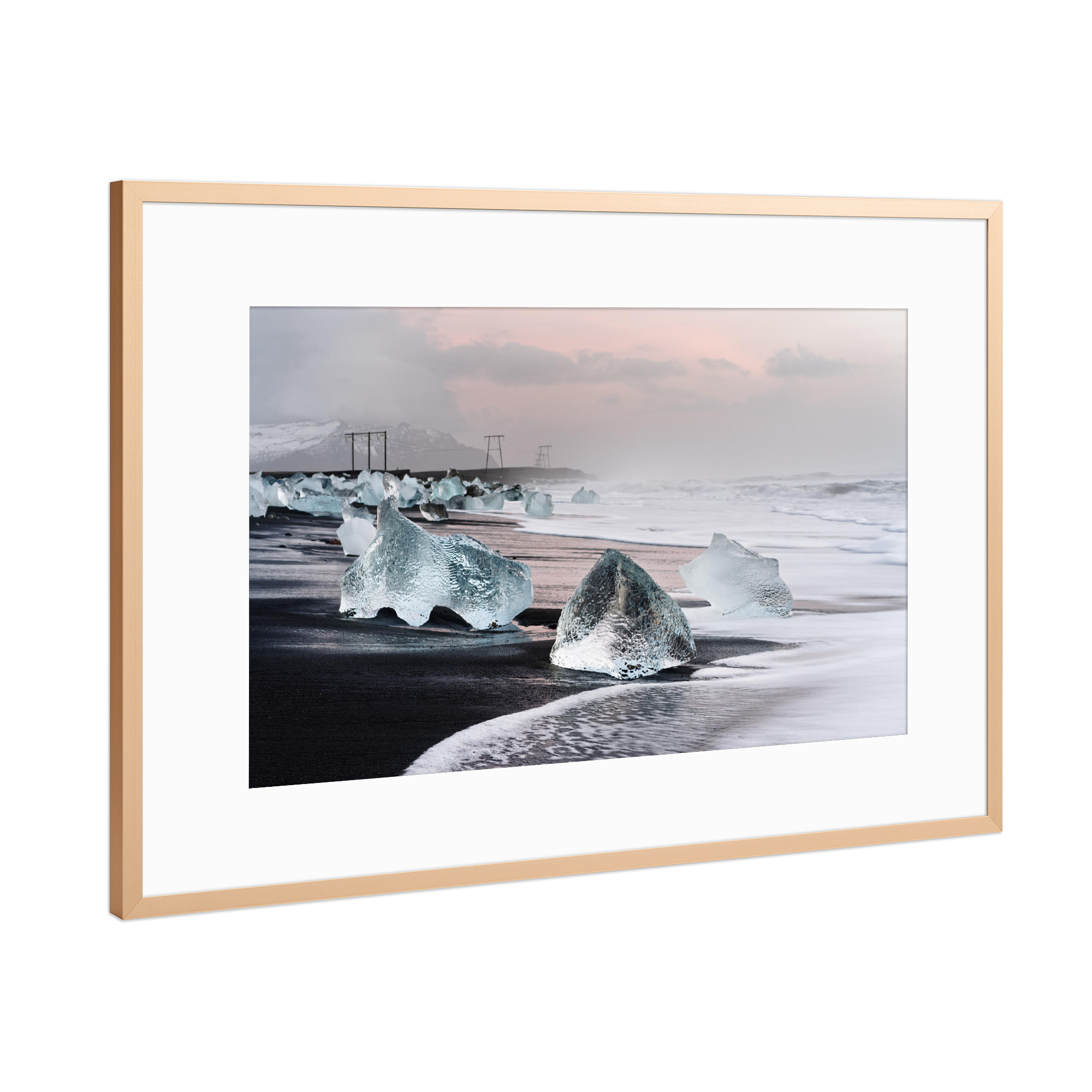 Poster mit Rahmen Kupfer "Morgenlicht am schwarzen Eisstrand" artboxONE - Natur,Reise,Reise / Strand und Meer,Reise / Länder