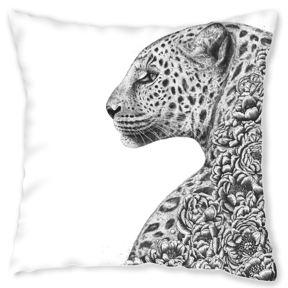 Design-Kissen "Floral cat" artboxONE - Floral,Tiere,Schwarzweiߟ - Cat,Leopard,Flowers,Peonies,Black and white