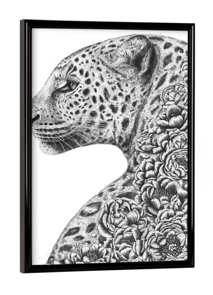 Poster mit schwarzem Rahmen "Floral cat" artboxONE - Floral,Tiere,Schwarzweiß - Cat,Leopard,Flowers,Peonies,Black and white