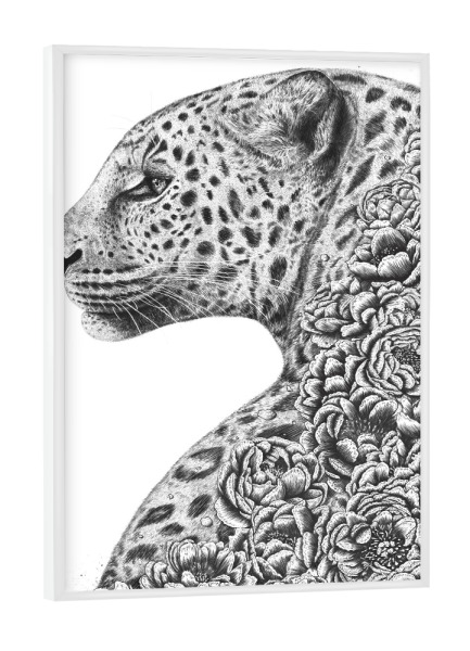 Poster mit weißem Rahmen "Floral cat" artboxONE - Floral,Tiere,Schwarzweiß - Cat,Leopard,Flowers,Peonies,Black and white
