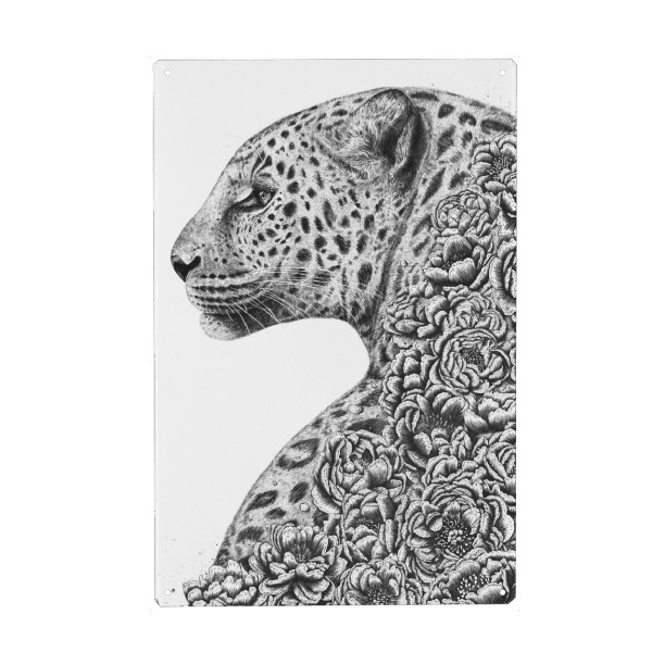Metall Poster "Floral cat" artboxONE - Floral,Tiere,Schwarzweiß - Cat,Leopard,Flowers,Peonies,Black and white - Blechschild
