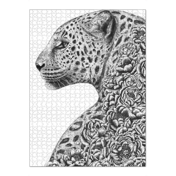 Puzzle Ravensburger "Floral cat" artboxONE - Floral,Tiere,Schwarzweiß - Cat,Leopard,Flowers,Peonies,Black and white - Bild cat