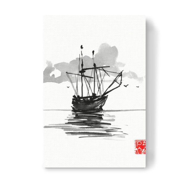Leinwandbild "Boat on the sea" artboxONE - Natur,Schwarzweiß - Boat,Sea,Water,Sky,Sumie,Japan