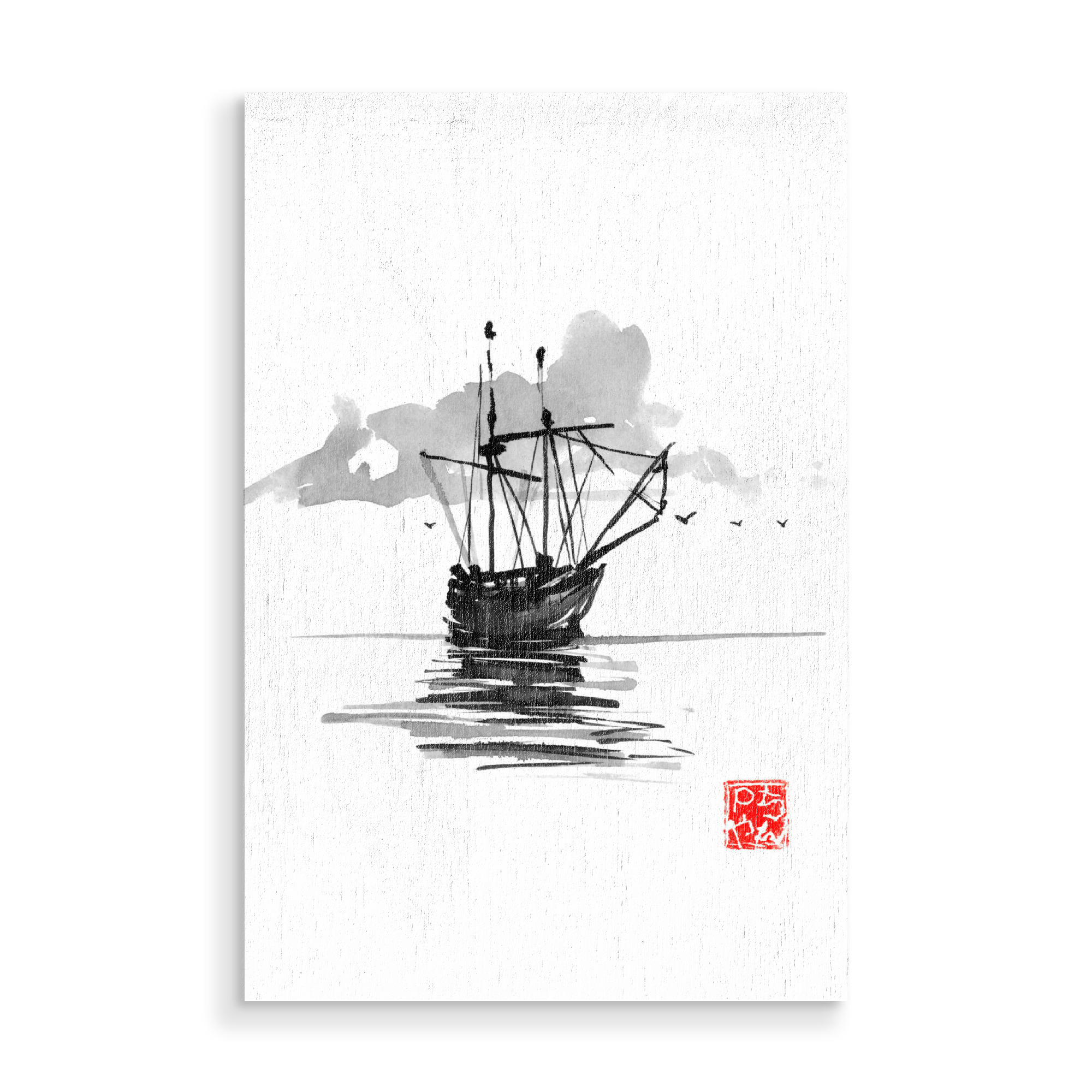 Holzbild "Boat on the sea" artboxONE - Natur,Schwarzweiß - Boat,Sea,Water,Sky,Sumie,Japan