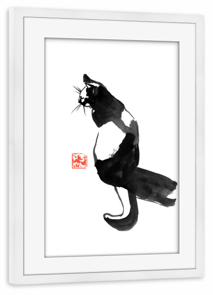 Poster mit Rahmen weiß "Shadow cat" artboxONE - Tiere,Schwarzweiß - Cat,Katze,Neko,Chat,Sumie,Japan