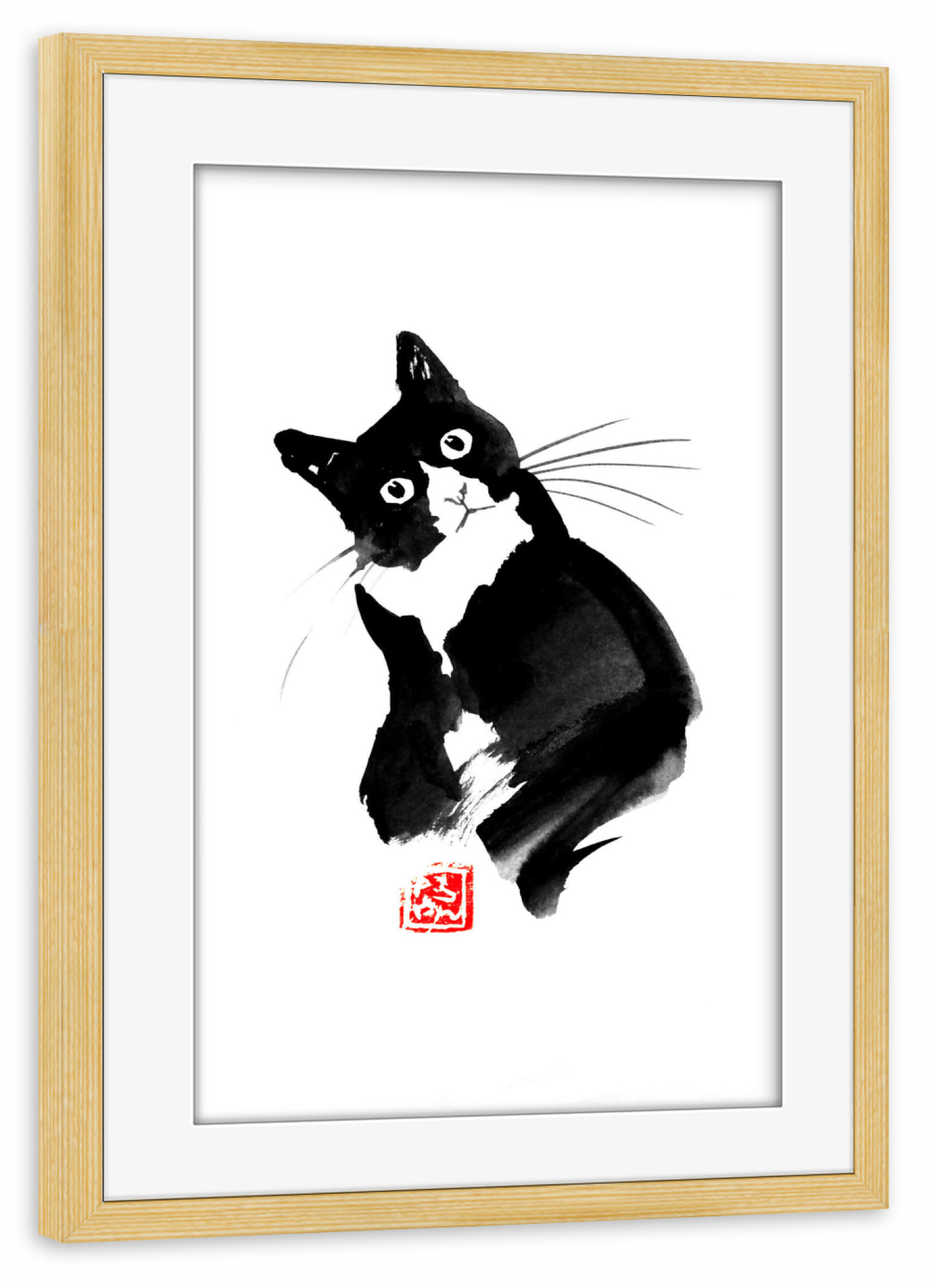 Poster mit Rahmen kiefer "Dubitatif" artboxONE - Tiere,Schwarzweiß - Cat,Neko,Katze,Chat,Sumie