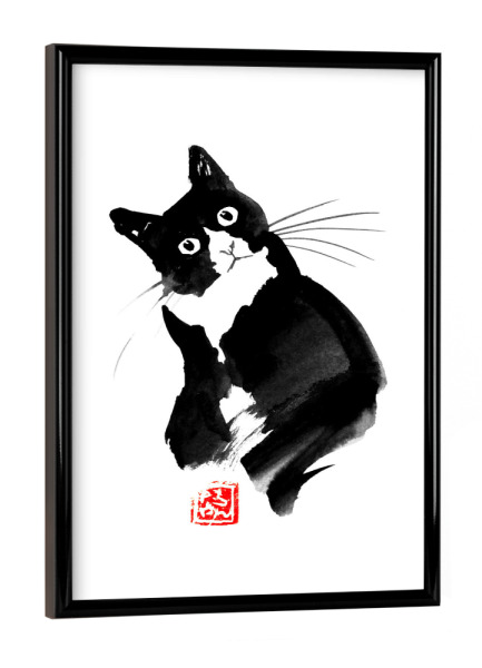 Poster mit schwarzem Rahmen "Dubitatif" artboxONE - Tiere,Schwarzweiß - Cat,Neko,Katze,Chat,Sumie