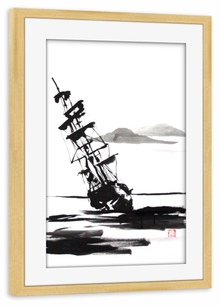 Poster mit Rahmen kiefer "Dead boat" artboxONE - Natur,Schwarzweiß - Boat,Sea,Sky,Clouds,Sumie,Japan
