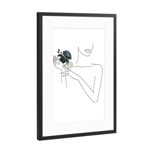 Poster mit Rahmen Schwarz (Metallic) "Frau mit Blüten Minimalistisch" artboxONE - Floral,Schwarzweiß,Fashion,Für Mama - Floral,Minimal,Silhouette