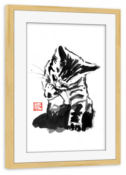 Poster mit Rahmen kiefer "Washing cat" artboxONE - Tiere,Schwarzweiß - Cat,Katze,Chat,Neko,Sumie,Japan