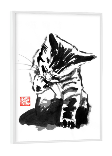 Poster mit weißem Rahmen "Washing cat" artboxONE - Tiere,Schwarzweiß - Cat,Katze,Chat,Neko,Sumie,Japan