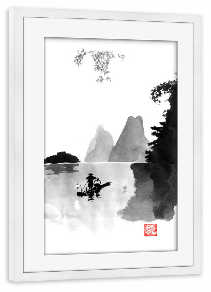 Poster mit Rahmen weiß "Fisherman on water" artboxONE - Natur,Schwarzweiß - Mountain,Fisherman,Boat,River,Tree,China,Japan,Sumie