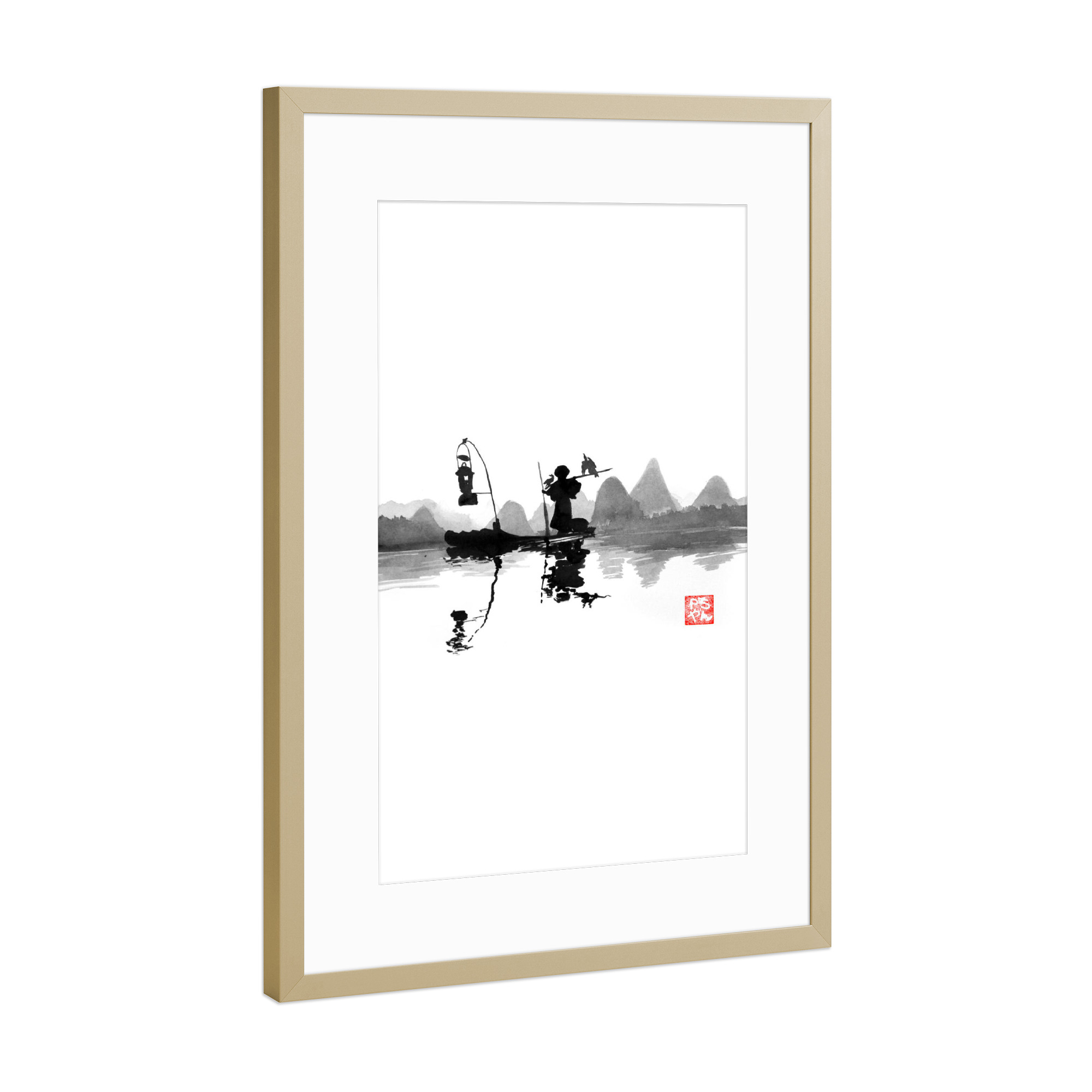 Poster mit Rahmen Gold "Fishermen on river Li" artboxONE - Natur,Schwarzweiß - River li,China,Fisherman,Boat,Bird,Light,Sumie