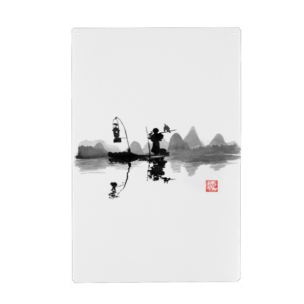 Metall Poster "Fishermen on river Li" artboxONE - Natur,Schwarzweiß - River li,China,Fisherman,Boat,Bird,Light,Sumie - Blechschild