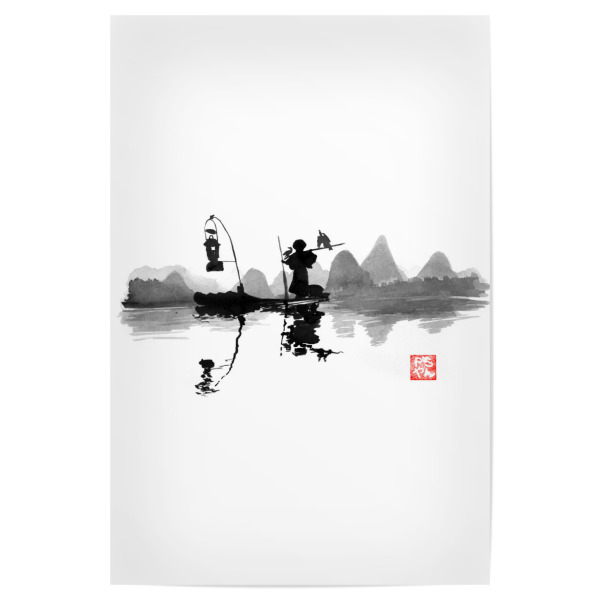 Poster 30x20 cm "Fishermen on river Li" artboxONE - Natur,Schwarzweiß - River li,China,Fisherman,Boat,Bird,Light,Sumie