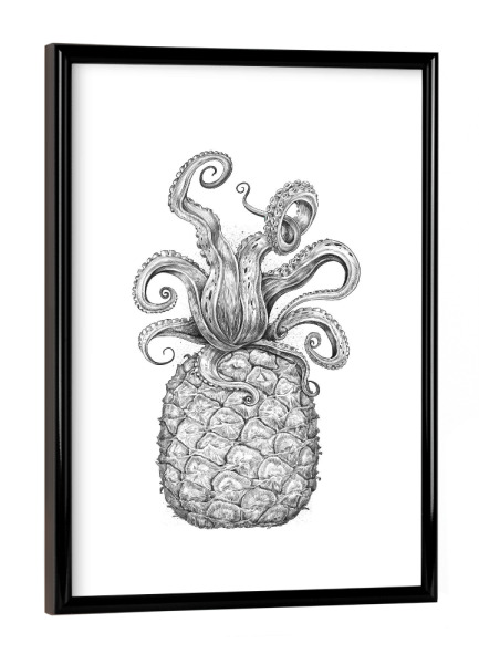Poster mit schwarzem Rahmen "Octopus Pineapple black & white" artboxONE - Tiere,Essen & Trinken,Schwarzweiß