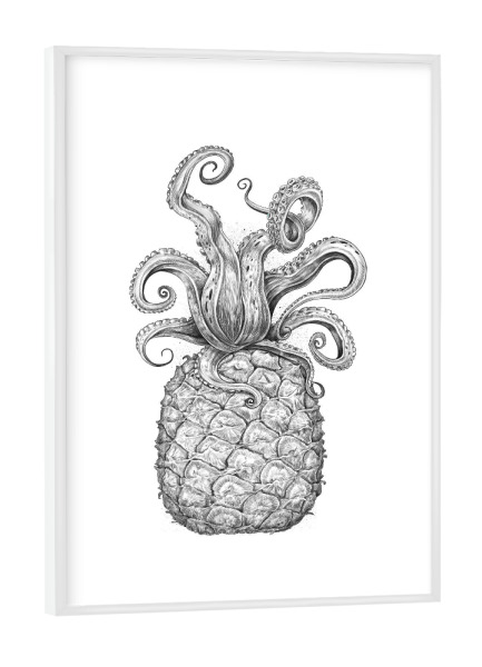 Poster mit weißem Rahmen "Octopus Pineapple black & white" artboxONE - Tiere,Essen & Trinken,Schwarzweiß