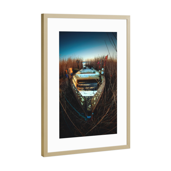 Poster mit Rahmen Gold "Boot im Schilf" artboxONE - Natur,Reise / Strand und Meer - Boot,See,Schilf,Angeln,Freizeit,Maritim,Schiff,Ufer