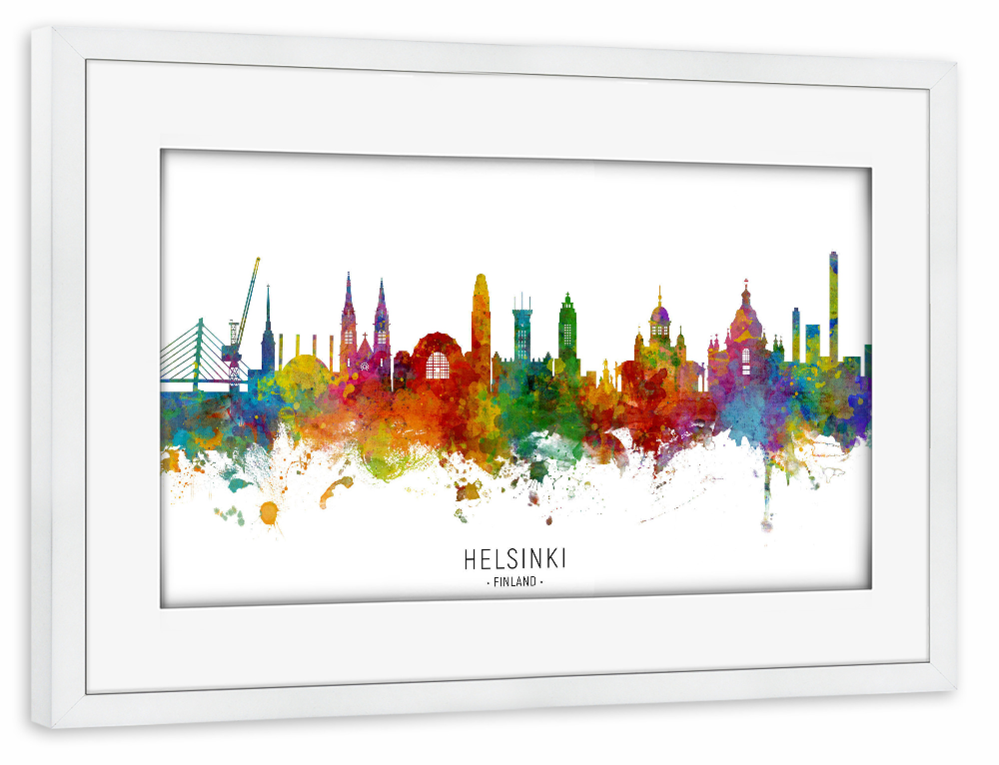 Poster mit Rahmen weiß "Helsinki Finland Skyline txt" artboxONE - Städte - Helsinki,Finland,Skyline,Cityscape,Stadtbild,Watercolor,Painting