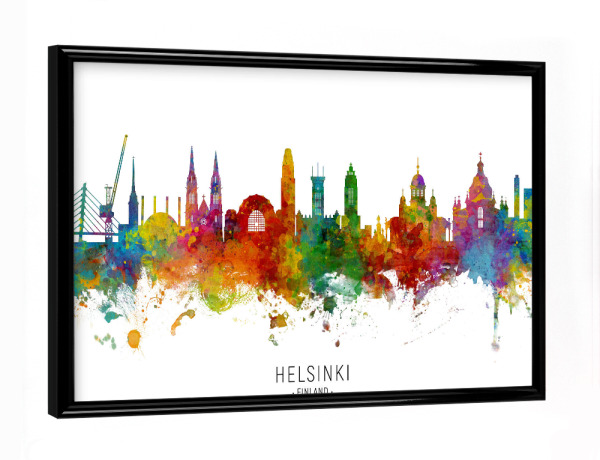 Poster mit schwarzem Rahmen "Helsinki Finland Skyline txt" artboxONE - Städte - Helsinki,Finland,Skyline,Cityscape,Stadtbild,Watercolor,Painting