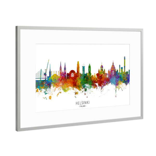 Poster mit Rahmen Silber "Helsinki Finland Skyline txt" artboxONE - Städte - Helsinki,Finland,Skyline,Cityscape,Stadtbild,Watercolor,Painting