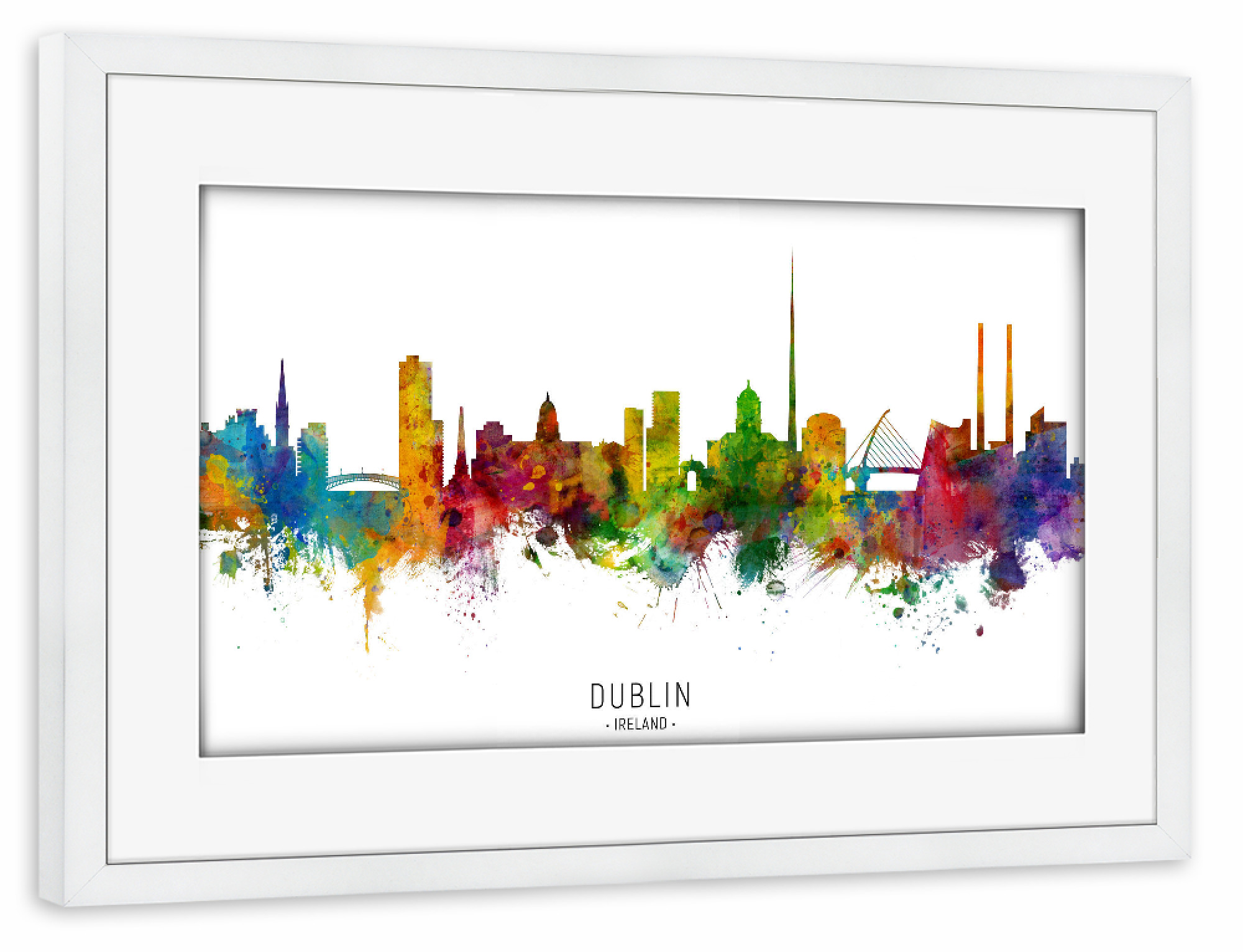 Poster mit Rahmen weiß "Dublin Ireland Skyline txt" artboxONE - Städte - Dublin,Ireland,Skyline,Cityscape,Stadtbild,Watercolor,Painting