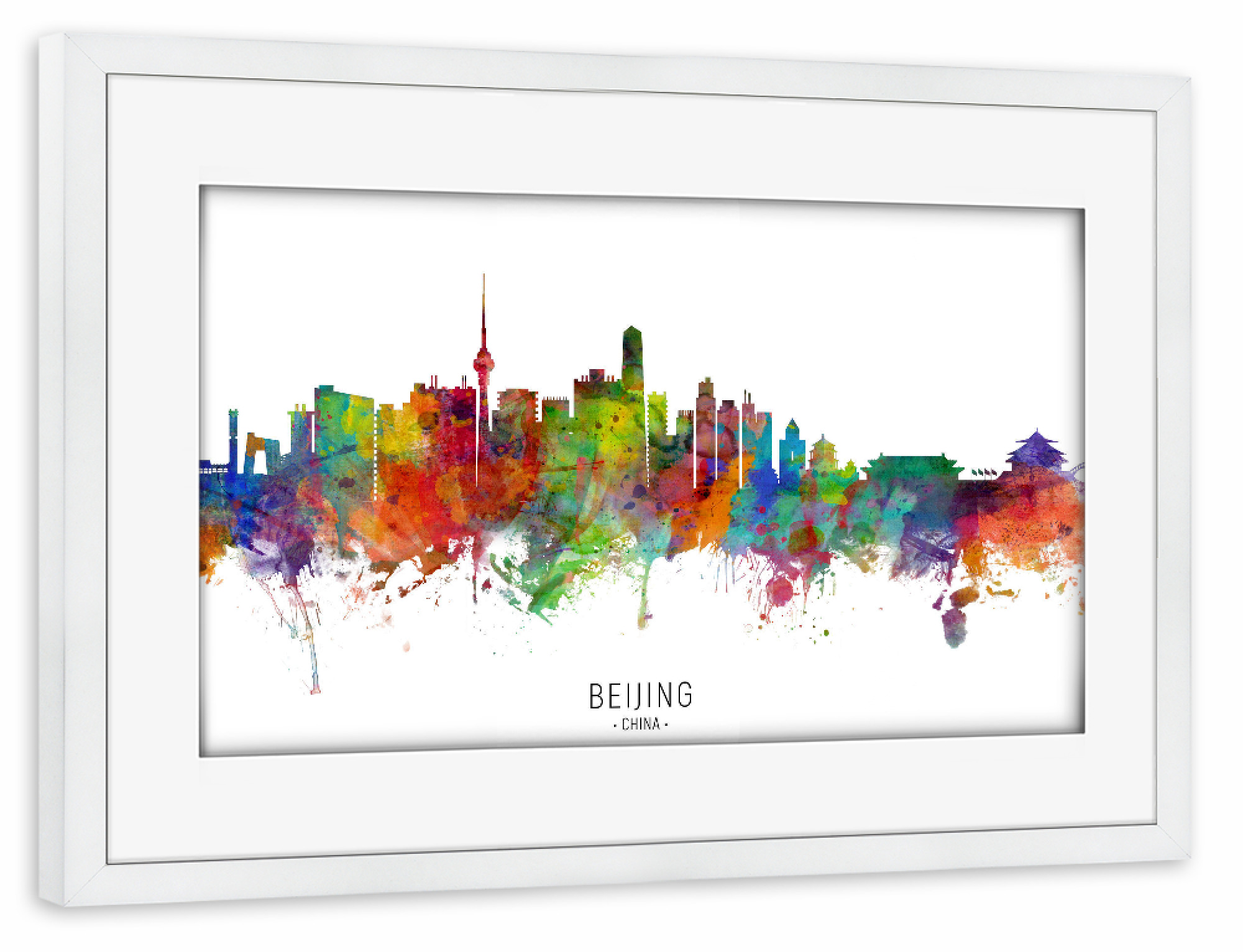 Poster mit Rahmen weiß "Beijing China Skyline txt" artboxONE - Städte - Beijing,China,Skyline,Cityscape,Stadtbild,Watercolor,Painting