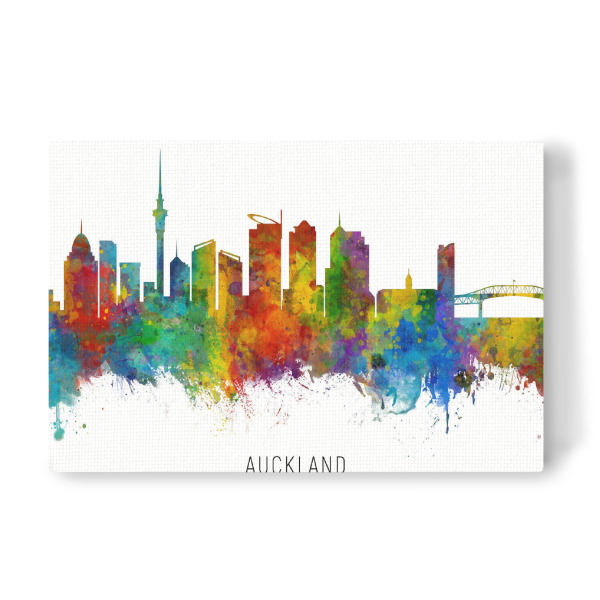 Leinwandbild "Auckland New Zealand Skyline txt" artboxONE - Städte - Auckland,New zealand,Skyline,Cityscape,Stadtbild,Watercolor,Painting