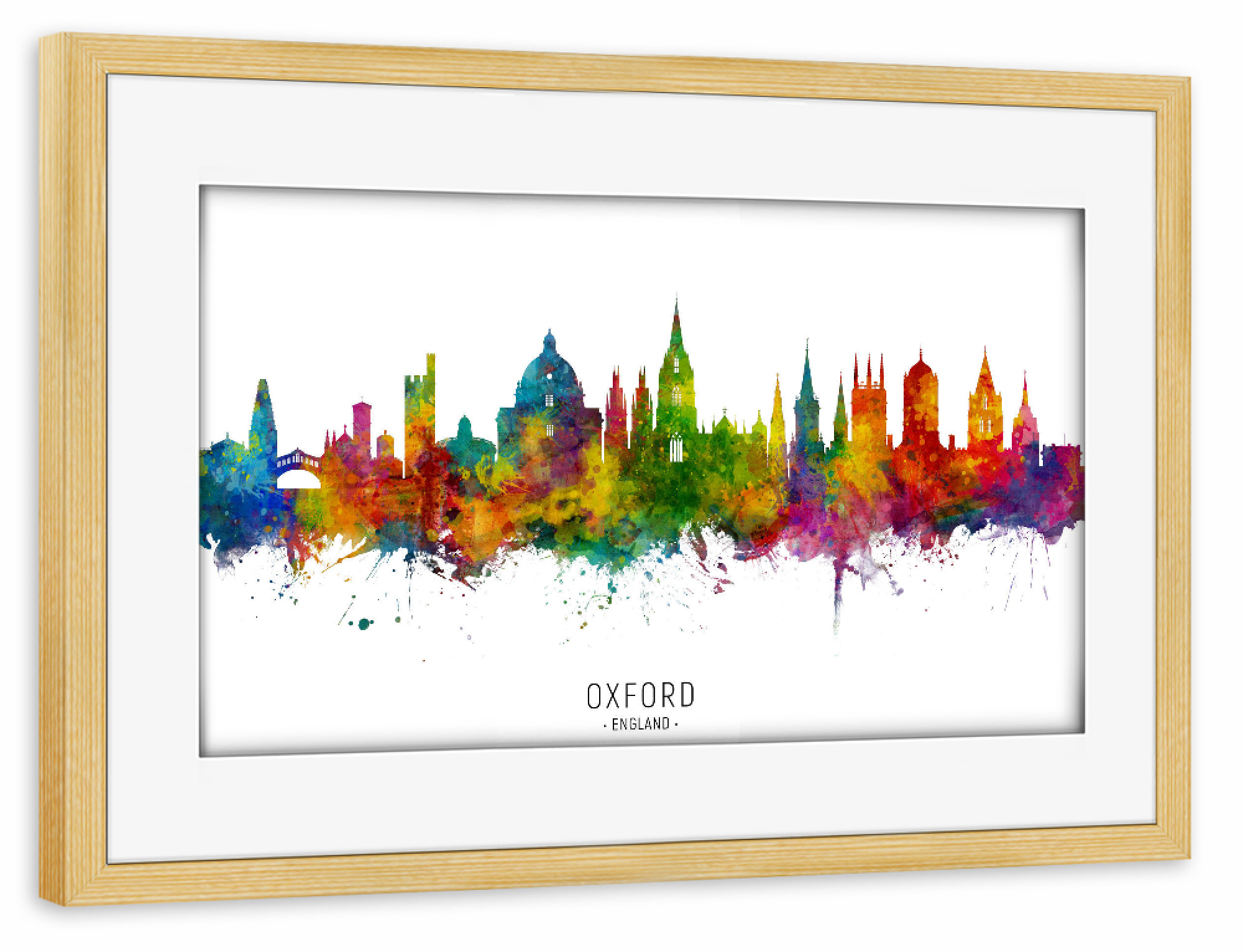 Poster mit Rahmen kiefer "Oxford England Skyline txt" artboxONE - Städte - Oxford,England,Skyline,Cityscape,Stadtbild,Watercolor,Painting