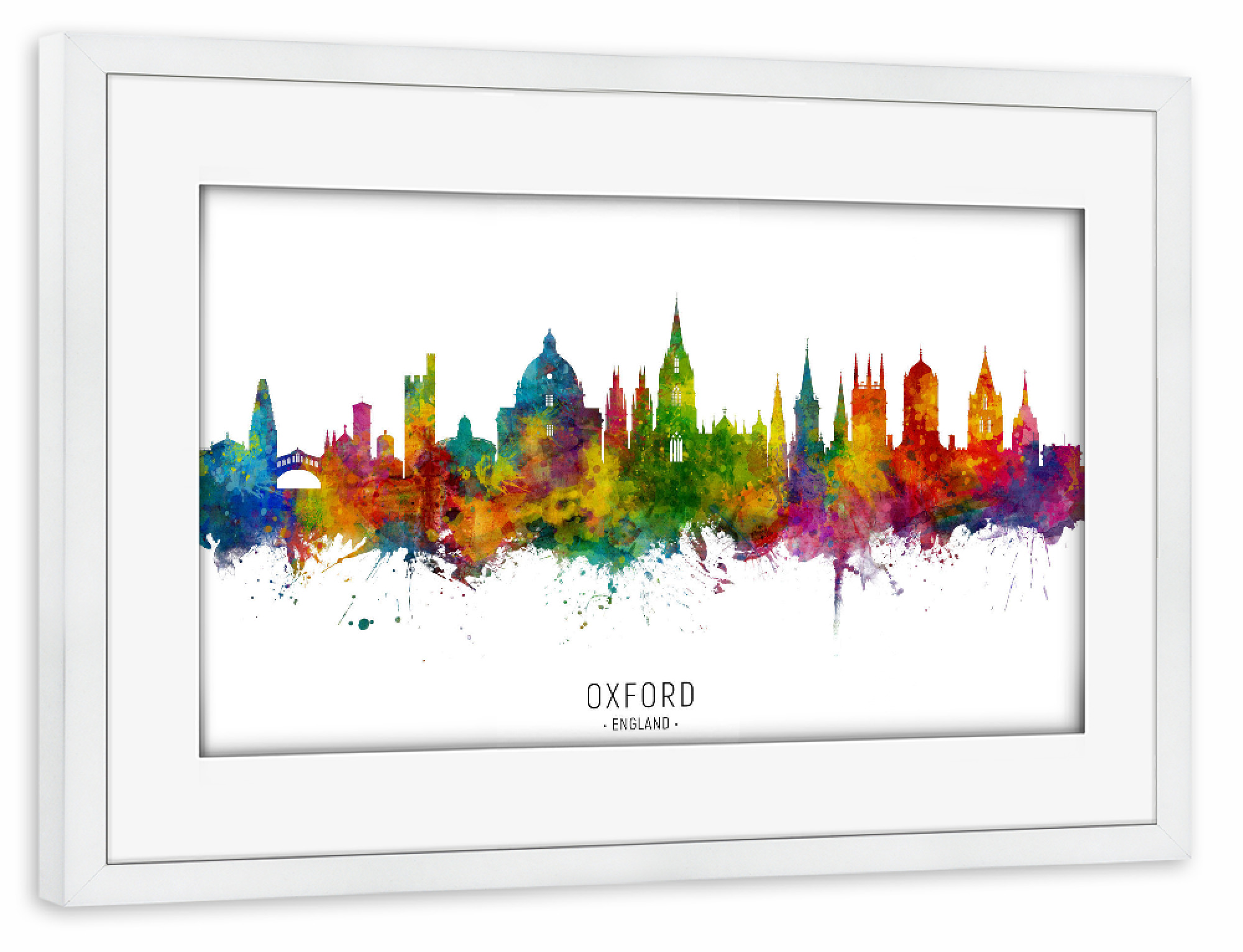 Poster mit Rahmen weiß "Oxford England Skyline txt" artboxONE - Städte - Oxford,England,Skyline,Cityscape,Stadtbild,Watercolor,Painting