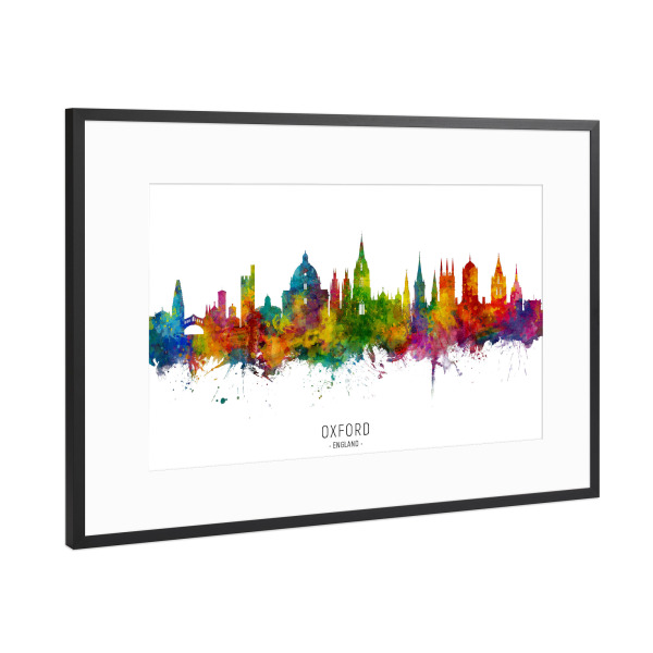 Poster mit Rahmen Schwarz (Metallic) "Oxford England Skyline txt" artboxONE - Städte - Oxford,England,Skyline,Cityscape,Stadtbild,Watercolor,Painting