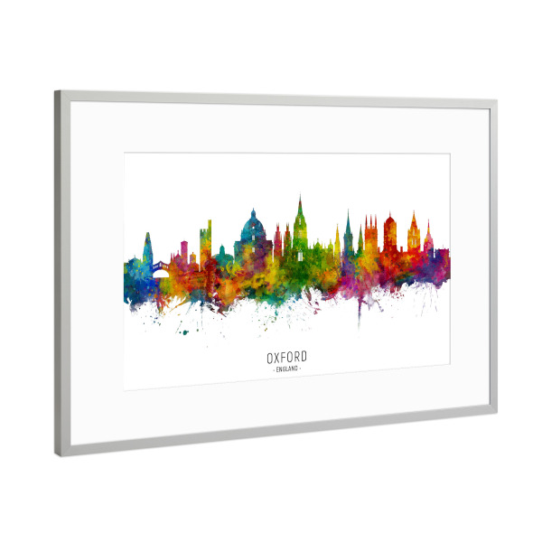 Poster mit Rahmen Silber "Oxford England Skyline txt" artboxONE - Städte - Oxford,England,Skyline,Cityscape,Stadtbild,Watercolor,Painting