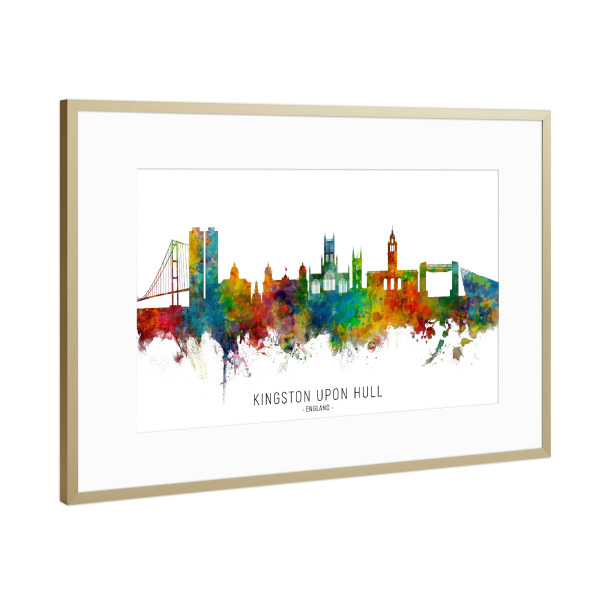 Poster mit Rahmen Gold "Kingston upon Hull Skyline txt" artboxONE - Städte