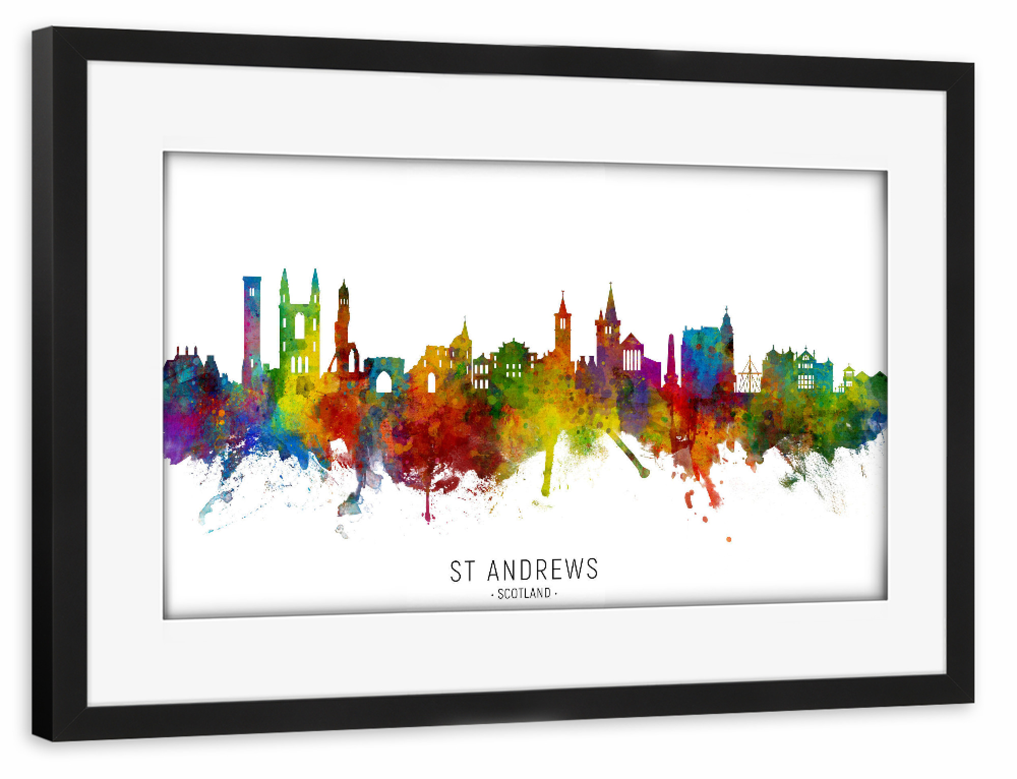 Poster mit Rahmen schwarz "St Andrews Scotland Skyline txt" artboxONE - Städte - St andrews,Scotland,Skyline,Cityscape,Stadtbild,Watercolor,Painting