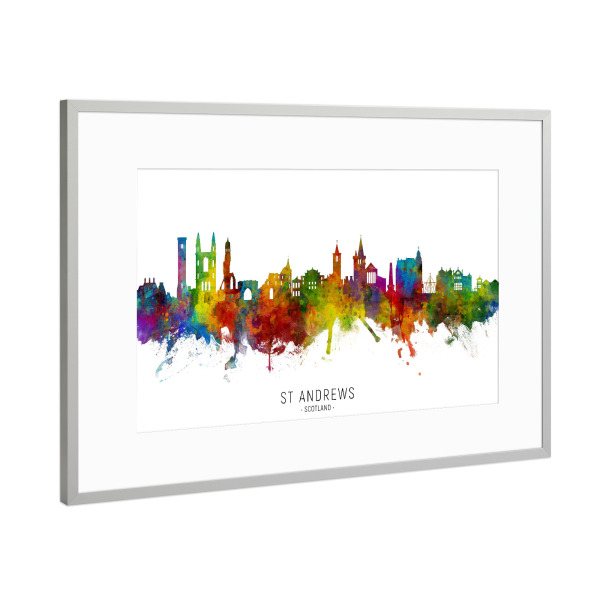 Poster mit Rahmen Silber "St Andrews Scotland Skyline txt" artboxONE - Städte - St andrews,Scotland,Skyline,Cityscape,Stadtbild,Watercolor,Painting