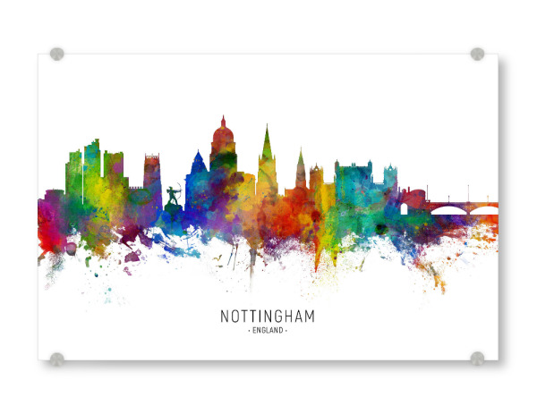 Acrylglasbild "Nottingham England Skyline txt" artboxONE - Städte - Nottingham,England,Skyline,Cityscape,Stadtbild,Watercolor,Painting