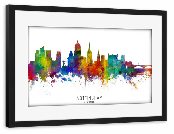 Poster mit Rahmen schwarz "Nottingham England Skyline txt" artboxONE - Städte - Nottingham,England,Skyline,Cityscape,Stadtbild,Watercolor,Painting
