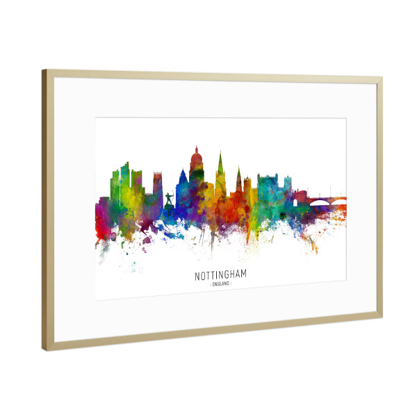 Poster mit Rahmen Gold "Nottingham England Skyline txt" artboxONE - Städte - Nottingham,England,Skyline,Cityscape,Stadtbild,Watercolor,Painting