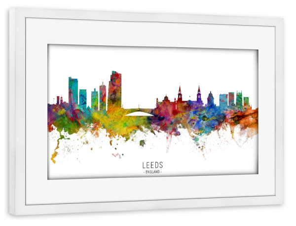 Poster mit Rahmen weiß "Leeds England Skyline txt" artboxONE - Städte - Leeds,England,Skyline,Cityscape,Stadtbild,Watercolor,Painting
