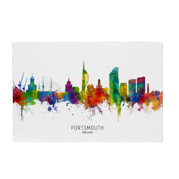 Holzbild "Portsmouth England Skyline txt" artboxONE - Städte - Portsmouth,England,Skyline,Cityscape,Stadtbild,Watercolor,Painting